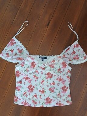 Floral Lace-Trim White Camisole with Pink Rose Print